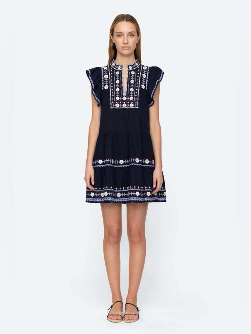 Sea New York Navy Embroidered Flutter-Sleeve Mini Dress